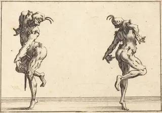 Two Pantaloons Dancing, by Jacques Callot, ink, 1617