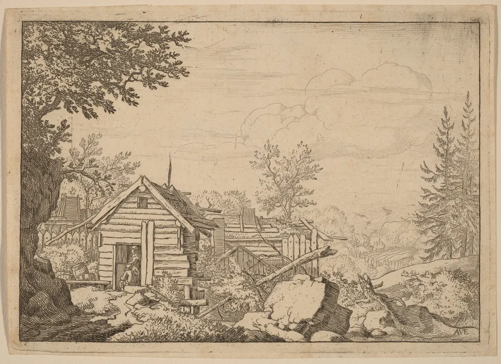 Two Men in the Doorway of a Hut, by Allart van Everdingen, ink, 1650