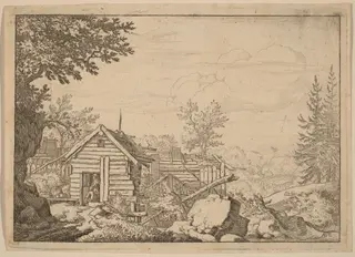 Two Men in the Doorway of a Hut, by Allart van Everdingen, ink, 1650