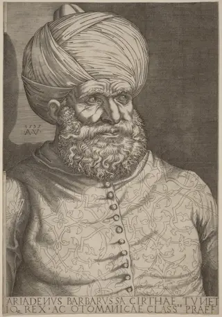 Barbarossa, Khair-ed-Din, by Agostino dei Musi, ink, 1535