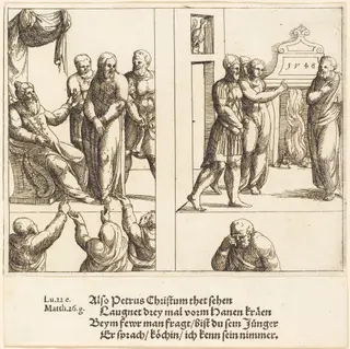 Christ before Caiaphas, and Peter Denying Christ, by Augustin Hirschvogel, ink, 1548
