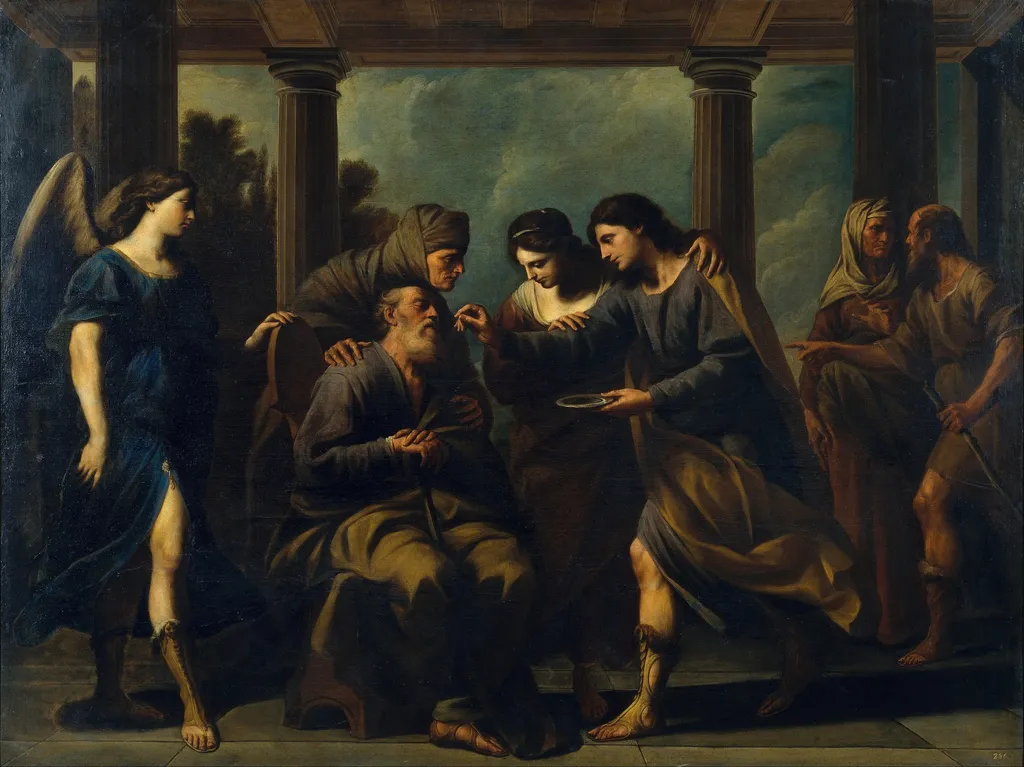 Tobias Heals his Blind Father, by Andrea Vaccaro, oil, 1640