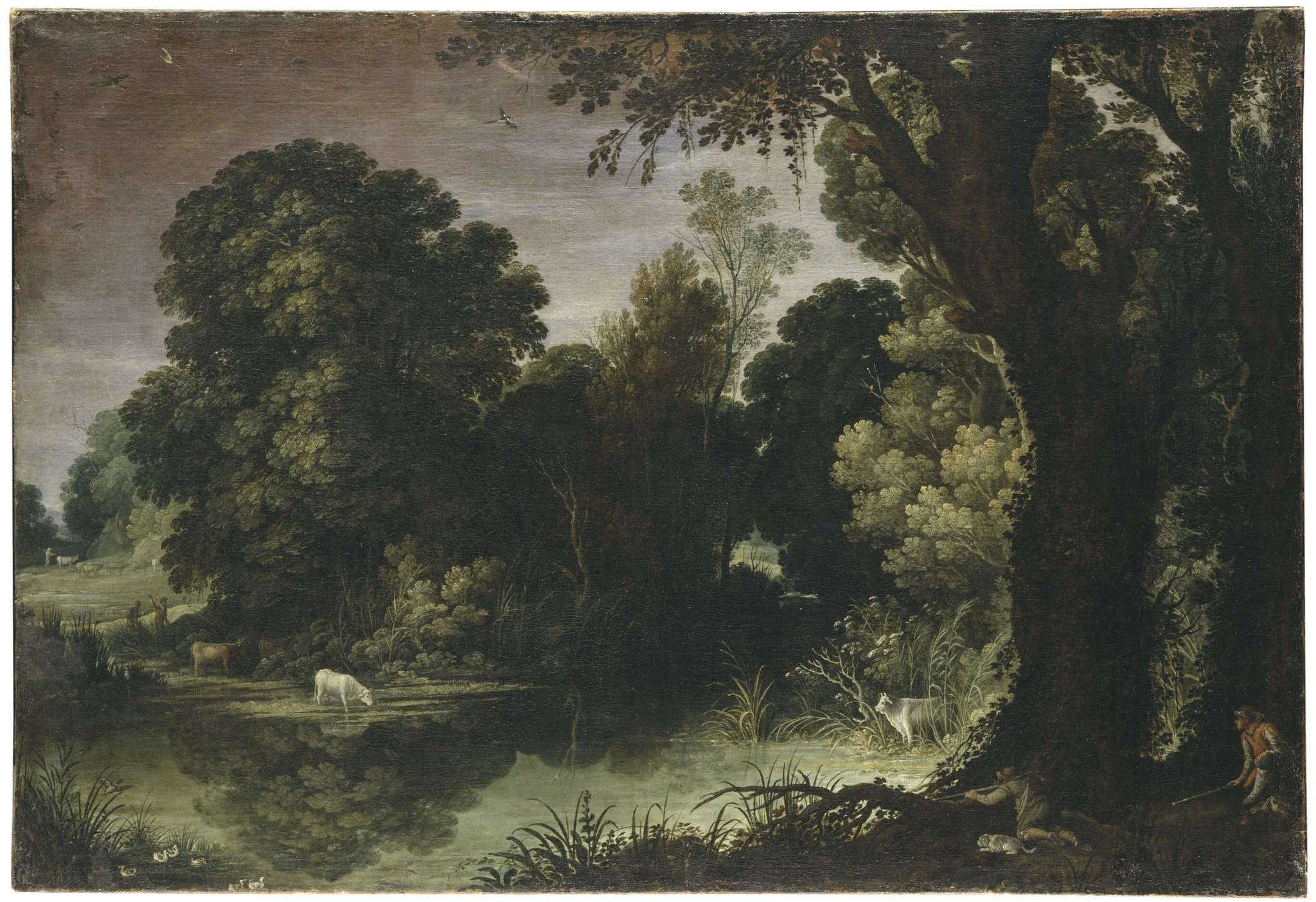 Wooded Landscape with a Duck Hunt, detail