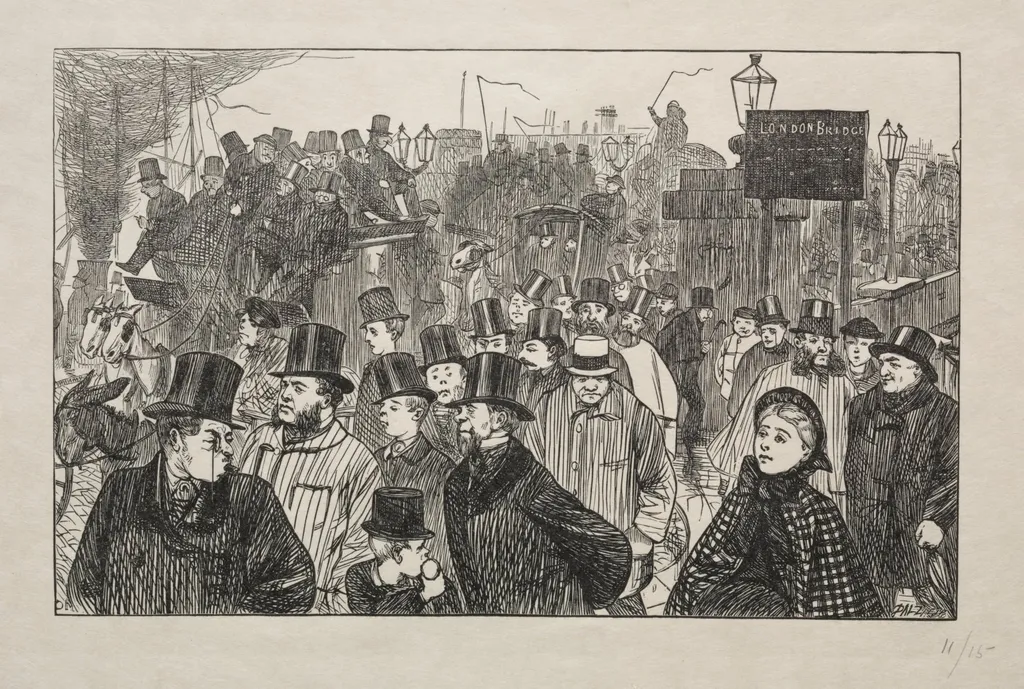 The Living Stream at London Bridge - On the Bridge, by George Louis Palmella Busson Du Maurier, 1863