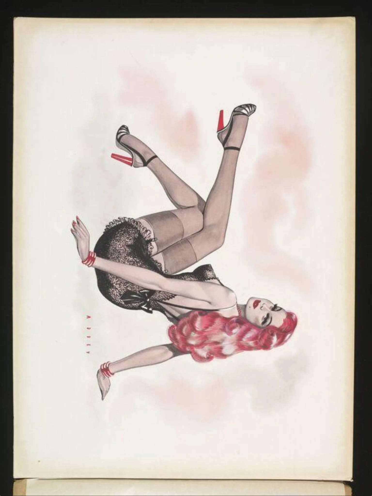 'Pin-up' girl with pink hair wearing a black lace slip, detail