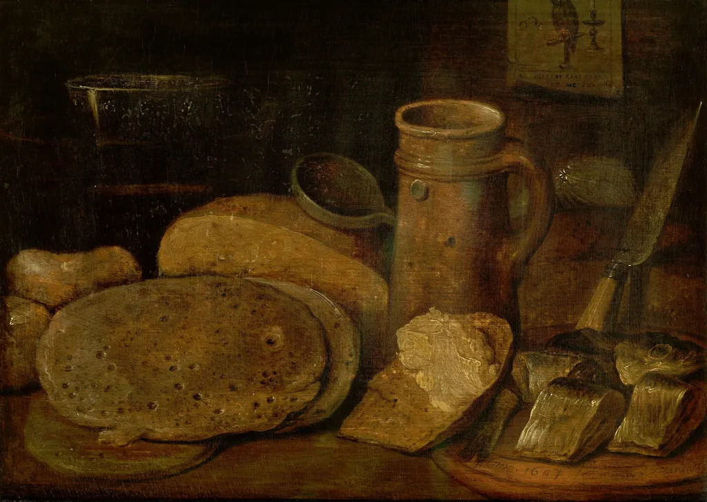 Still life with pottery, herring and pancakes, a print of an owl on the wall, by Hieronymous Francken II, oil, 1607