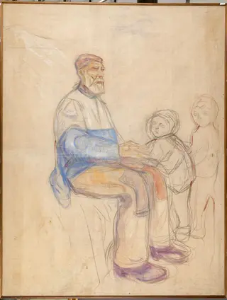 History: Study for the Old Man and Two Boys, by Edvard Munch, charcoal, 1910