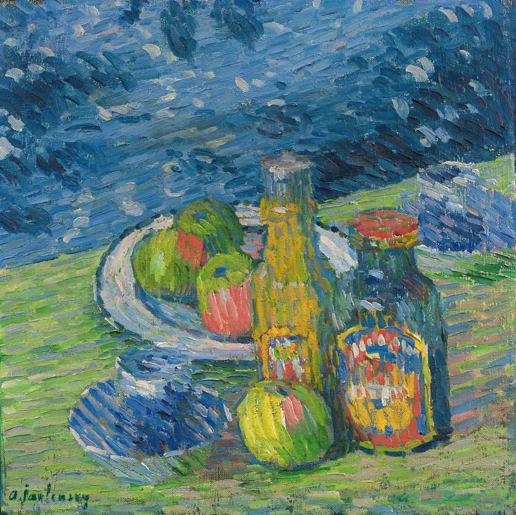 Still Life with Bottles and Fruit, by Alexej von Jawlensky, oil, 1900