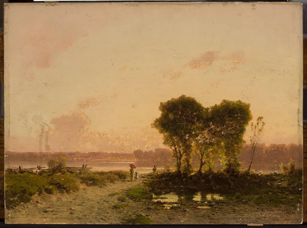 Landscape with a riverat sunset, by Aleksander Świeszewski, oil, 1894