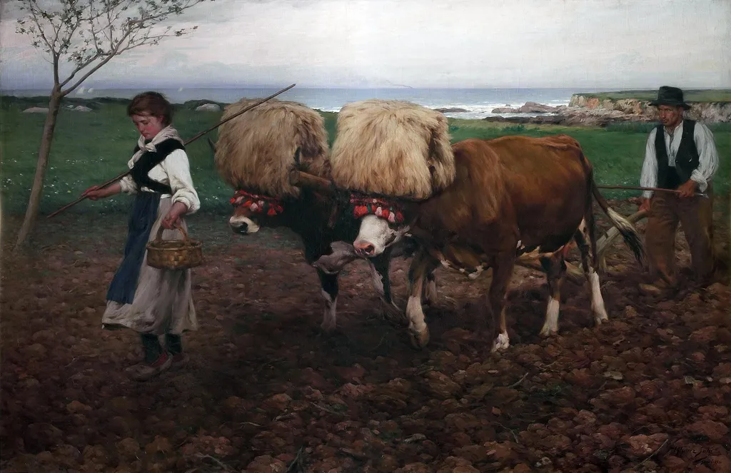 Plowing the land (Asturias), by Ventura Álvarez Sala, oil, 1910