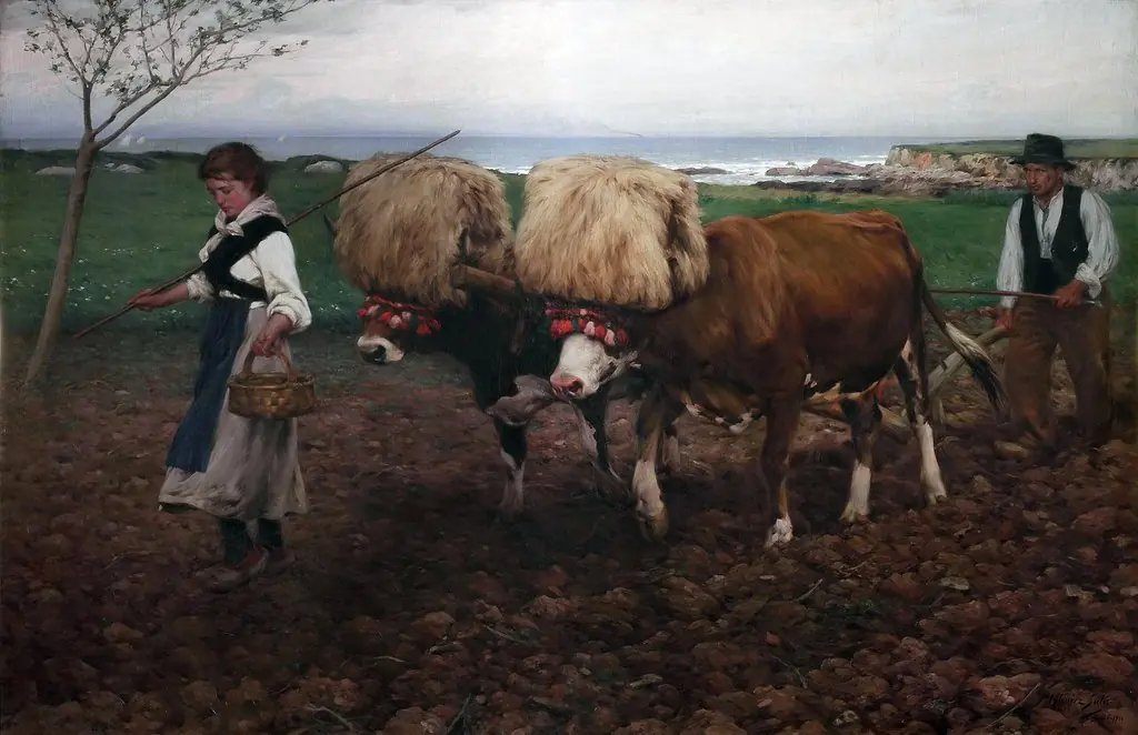 Plowing the land (Asturias), by Ventura Álvarez Sala, oil, 1910