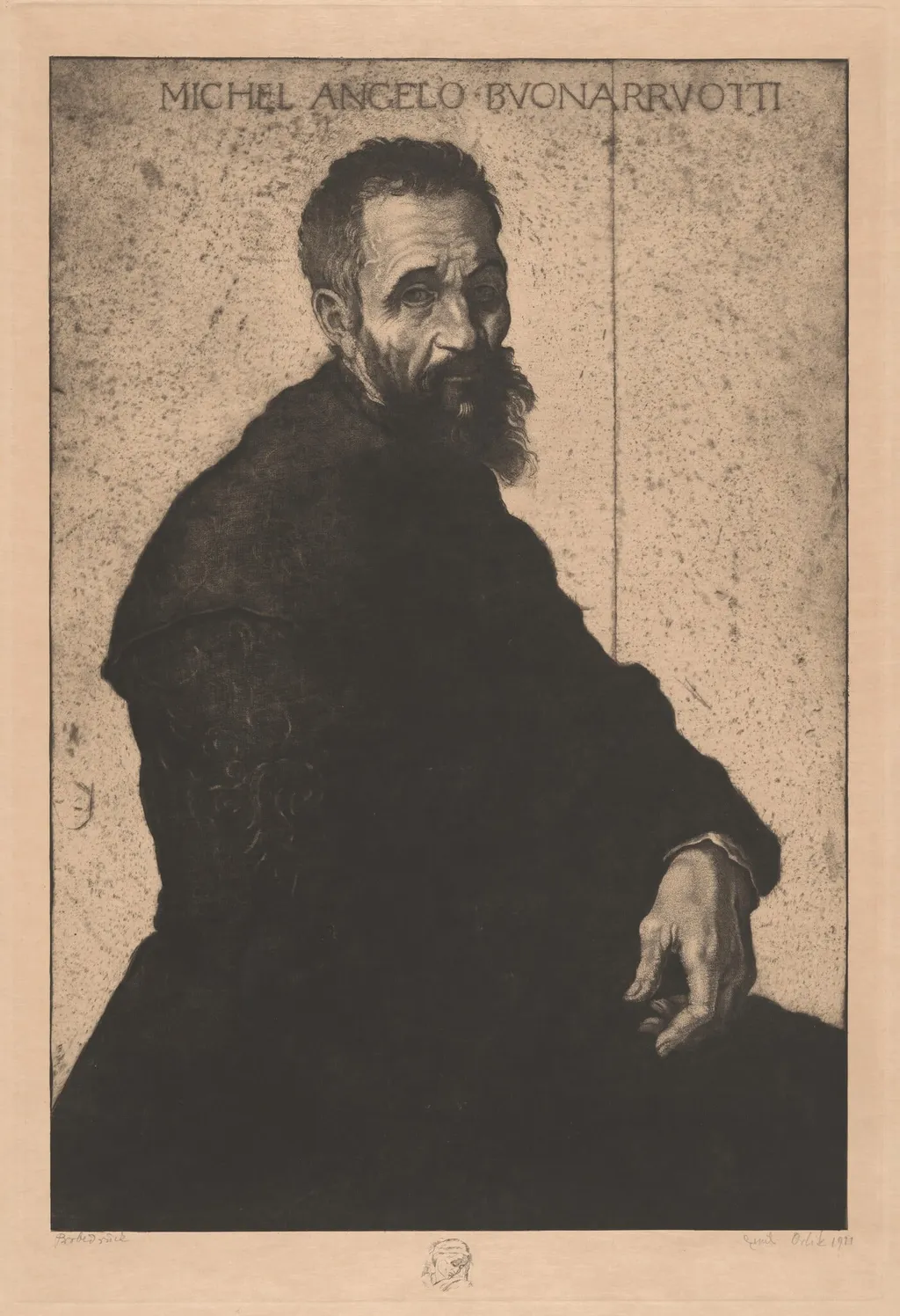 Michelangelo Buonarroti, by Emil Orlik, ink, 1911
