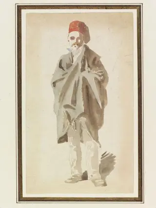 A man wearing a fez and wrapped in a long cloak, by Aster Corbould, watercolor, 1841