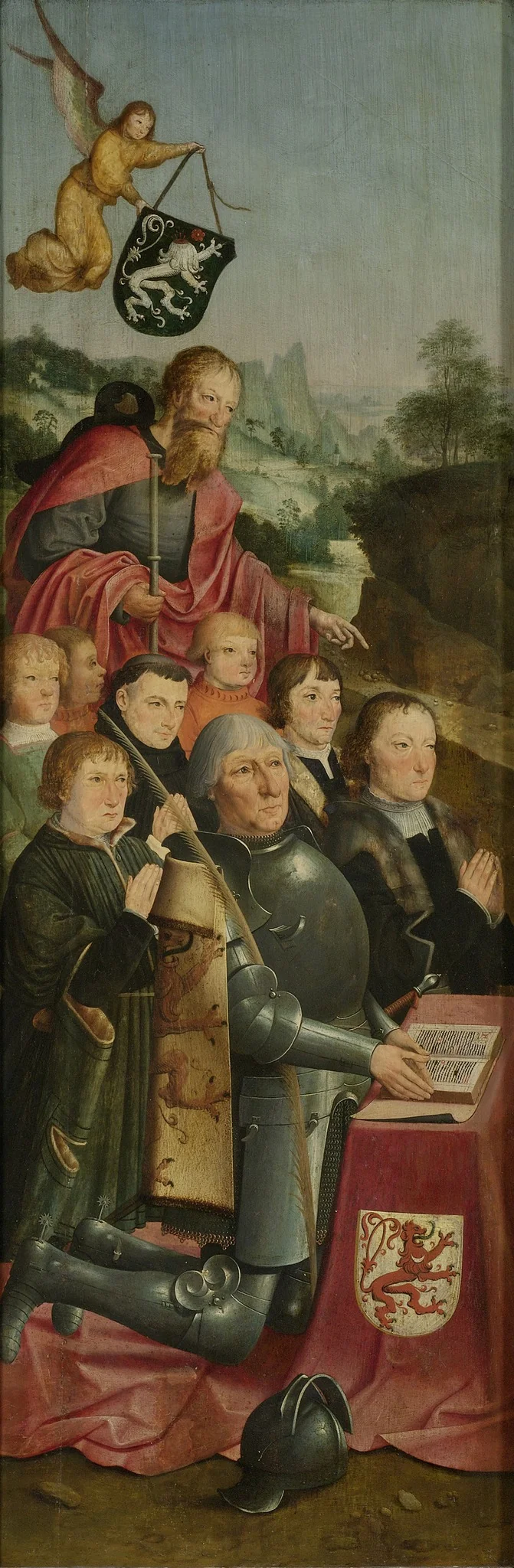 Memorial Panel with Eight Male Portraits, probably Willem Jelysz van Soutelande and Family, with Saint James the Greater and the Van Soutelande Family Crest, inner left wing of an altarpiece, detail