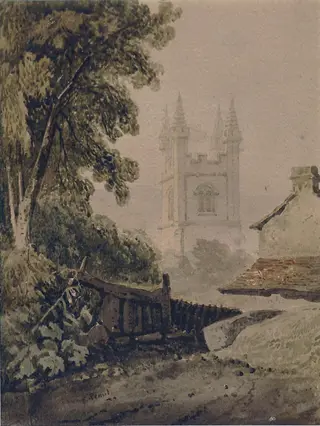 Church tower and cottage, by Samuel Prout, watercolor, 1805
