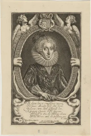 Lucia Harrington, Countess of Bedford, by Simon van de Passe, ink, 1621