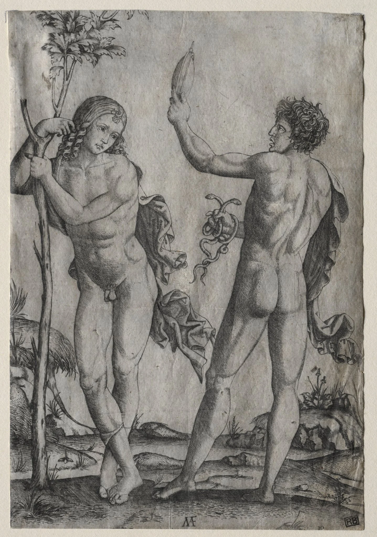 Two Nude Men Beside a Tree, detail