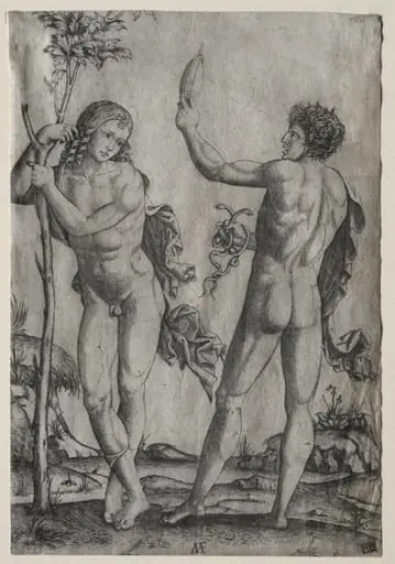 Two Nude Men Beside a Tree, by Marcantonio Raimondi, 1518