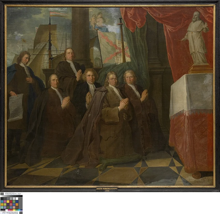 Six members of the Bruges Guild of Seamen before their Patron Saint Clement, detail