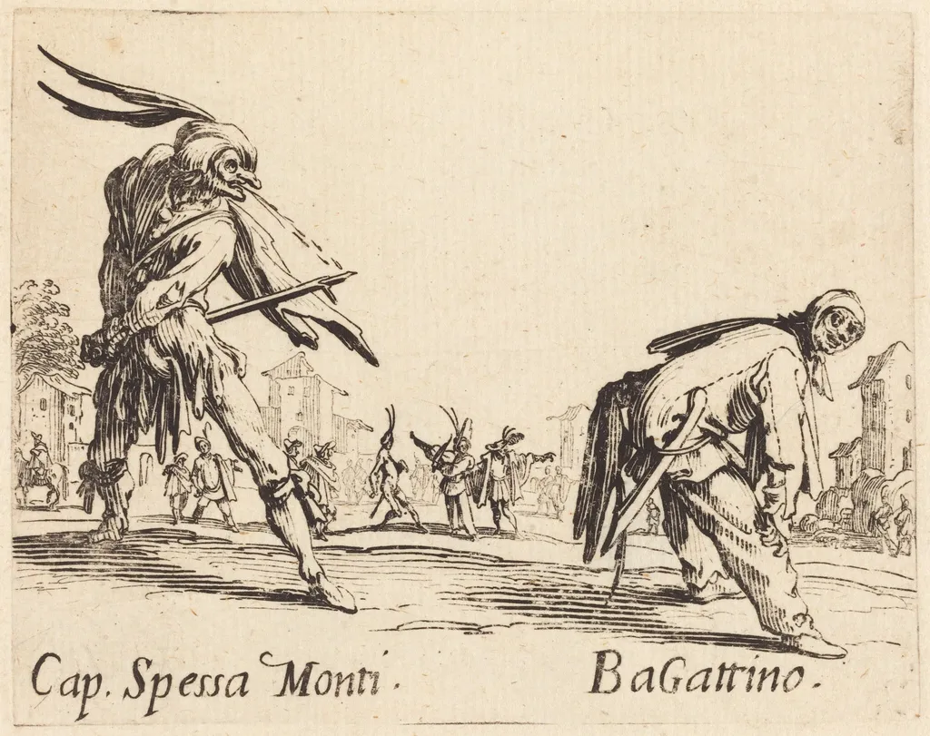Cap. Spessa Monti and Bagattino, by Jacques Callot, ink, 1622