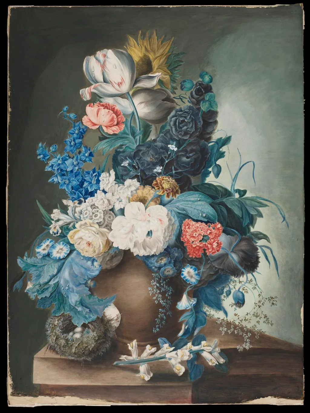 A group of flowers in a jar and a bird's nest, by Margaret Meen, watercolor, 1806