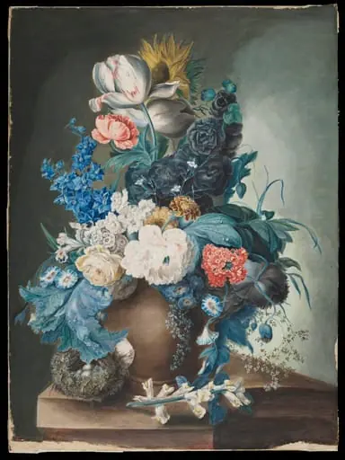 A group of flowers in a jar and a bird's nest, by Margaret Meen, watercolor, 1806