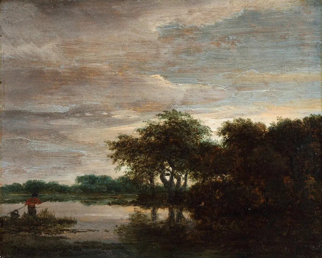 Woodland Scene with Lake, by Jacob van Ruisdael, oil, 1650