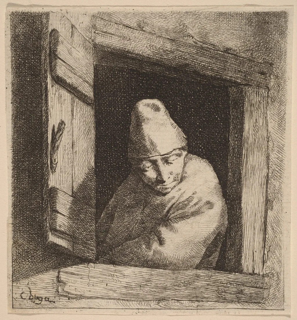 The Peasant in a Window, by Cornelis Pietersz Bega, ink, 1648