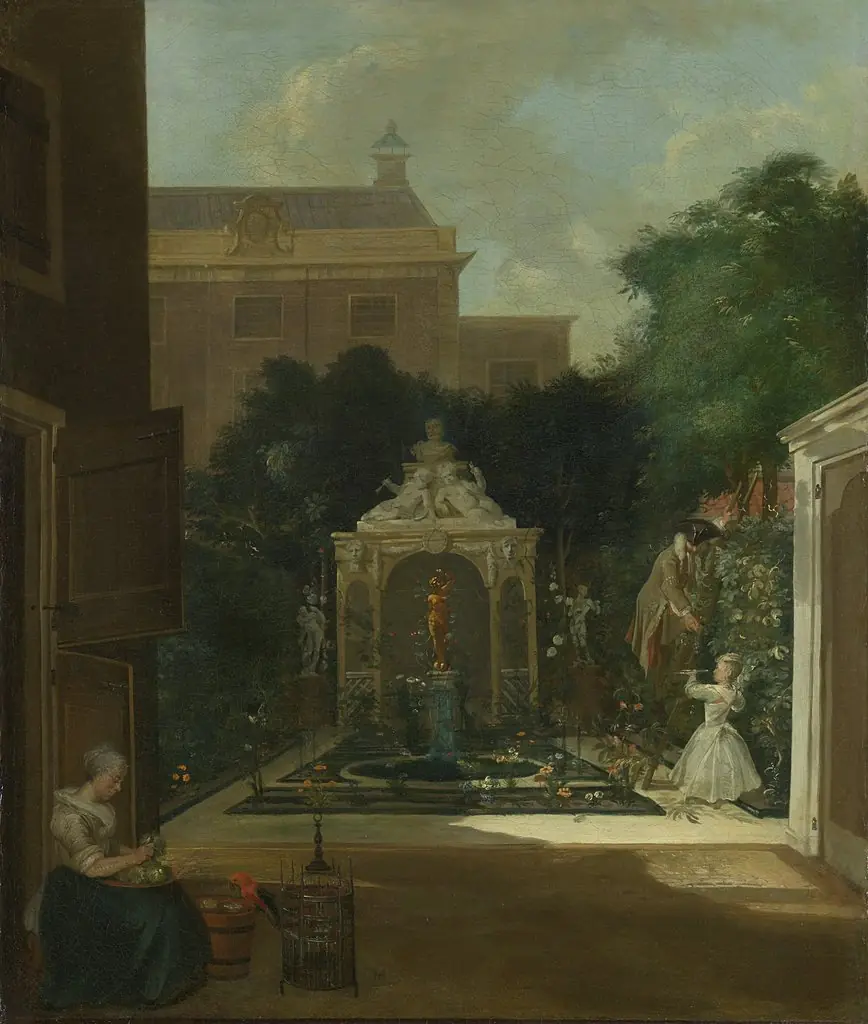 An Amsterdam Canal House Garden, by Cornelis Troost, oil, 1740
