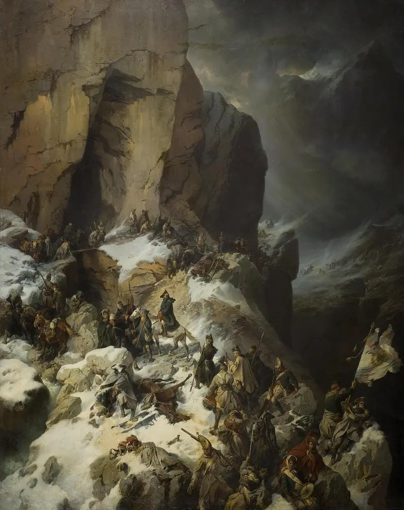 Suvorov Crossing Panixerpass, by Alexander von Kotzebue, oil, 1860
