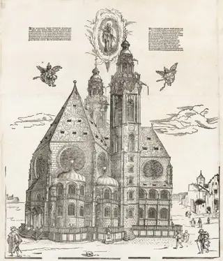 The New Church of the Beautiful Virgin at Regensburg, by Michael Ostendorfer, ink, 1520