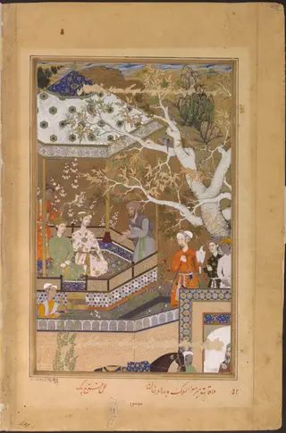 Mir Muizzu'l Mulk and Bahadur Khan, by Farrokh, paint, 1592