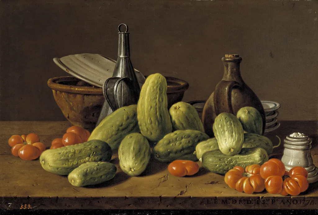 Still Life with Cucumbers Tomatoes and Vessels, by Luis Egidio Meléndez, oil, 1774