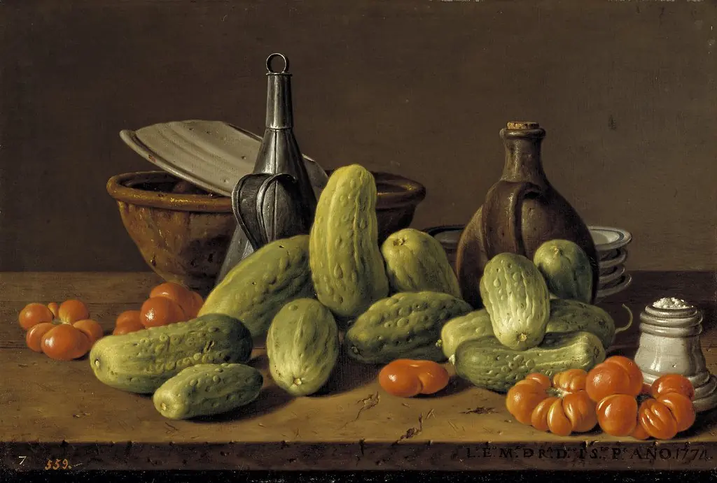 Still Life with Cucumbers Tomatoes and Vessels, by Luis Egidio Meléndez, oil, 1774