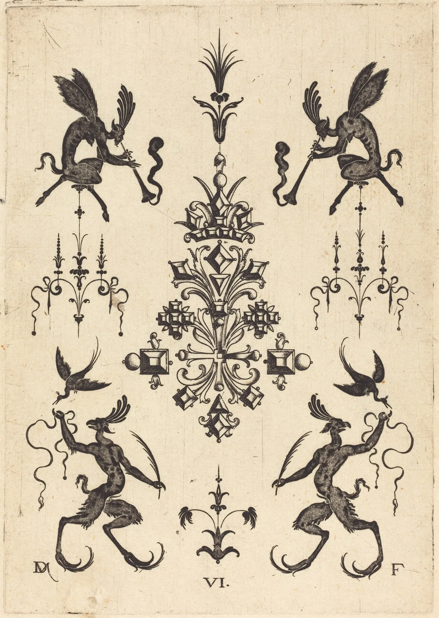 Brooch with Winged Fauns Blowing Trumpets at Top and Fantasy Creatures with Birds at Bottom, detail