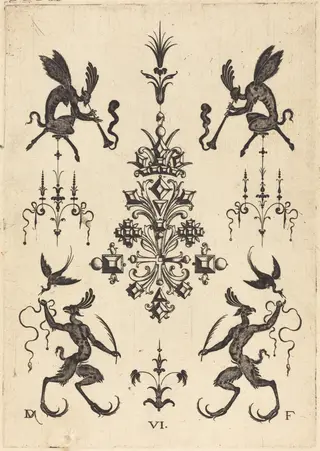 Brooch with Winged Fauns Blowing Trumpets at Top and Fantasy Creatures with Birds at Bottom, by Daniel Mignot, ink, 1596