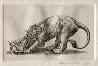 Illustration for "Peronnik the Fool":  A Lion Tearing at a Sack, by Stephen Gooden, 1933