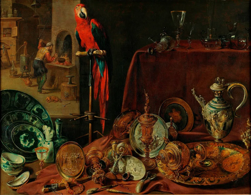 Still life with parrot, an allegory of fire, by Adriaen van Utrecht, oil, 1636
