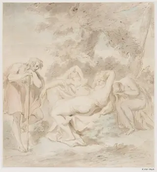 Cymon, Iphigeneia and two female attendants in a landscape., by Giovanni Battista Cipriani