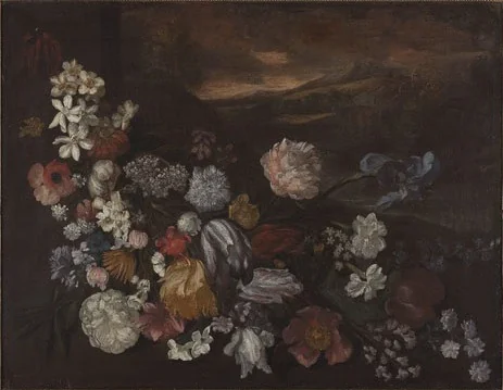 Stilleven met bloemen voor een landschap, detail