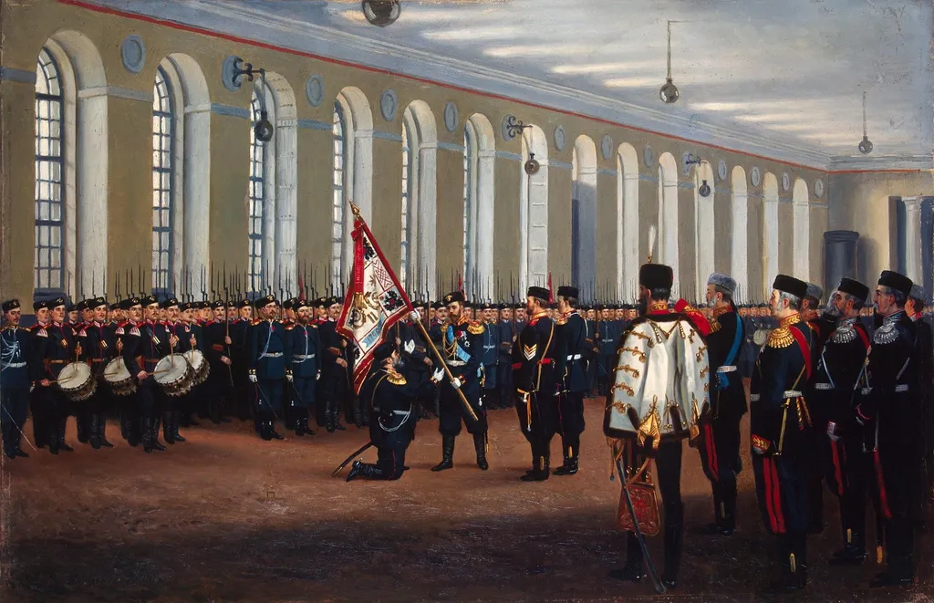 Empreror Nicholas II Presenting the Colour to the 145th Novocherkassk Infantry Regiment, by Narkiz Bunin, oil, 1900