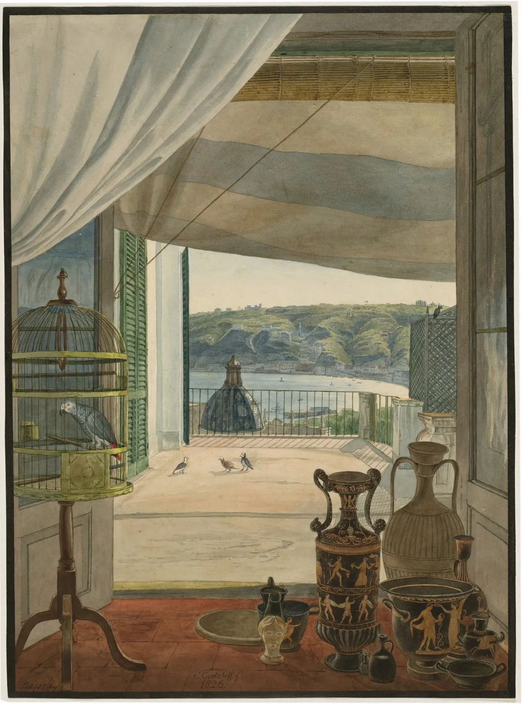 Antiquities by a Balcony Overlooking the Gulf of Naples, by Carl Wilhelm Götzloff, ink, 1826