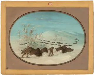 Buffalo Chase in the Snow Drifts - Ojibbeway, by George Catlin, oil, 1865