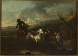 Horsemen and a beggar woman against landscape, by August Querfurt, unspecified, 1738