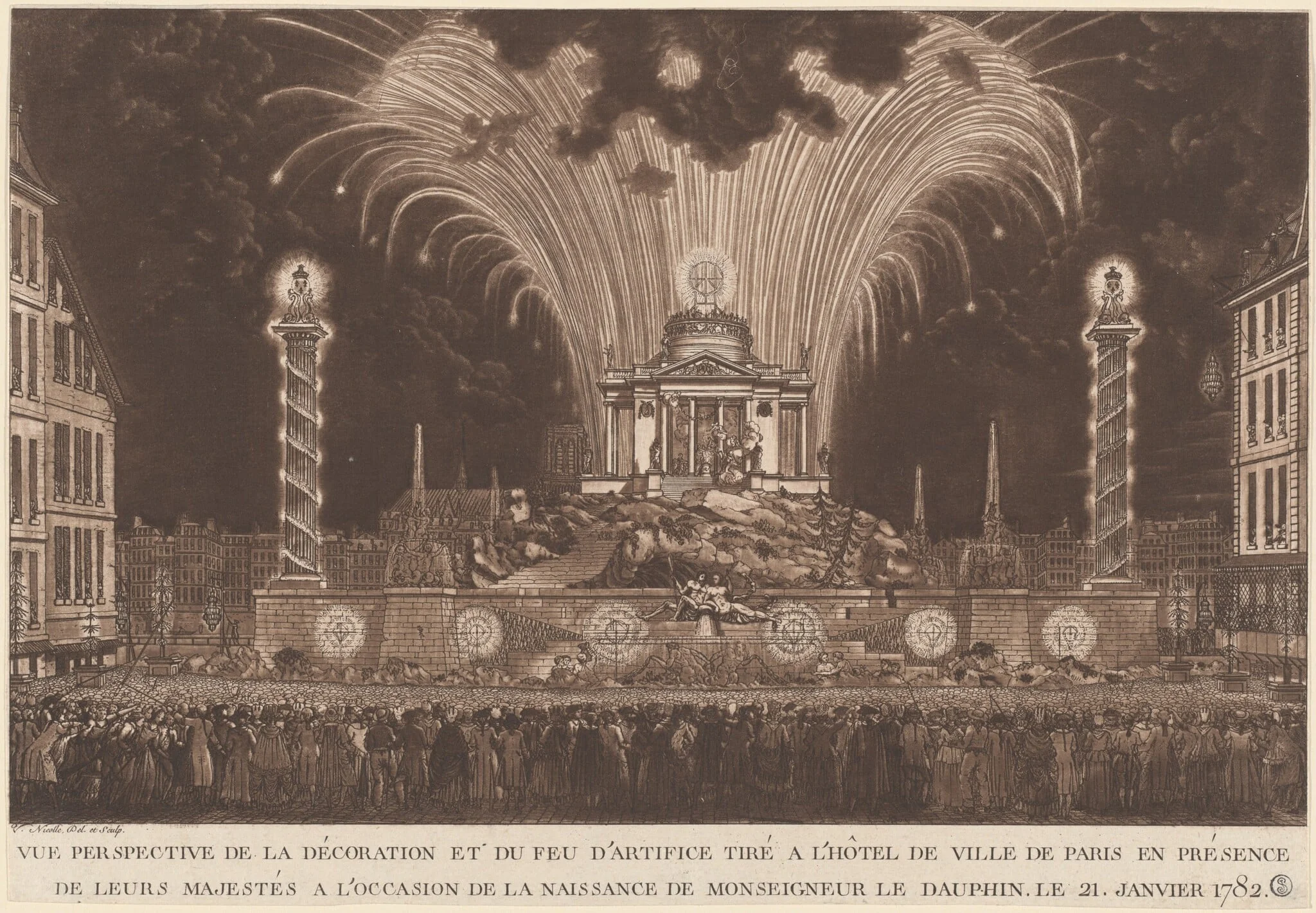La Décoration et du Feu d'Artifice... la Naissance de Monseigneur le Daufin (Fireworks Celebrating the Birth of the Dauphin), detail