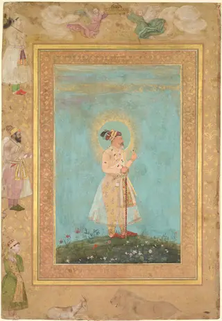 Shah Jahan holding a spinel and a long Deccan sword, from the Late Shah Jahan Album, by Hashim, unspecified, 1650