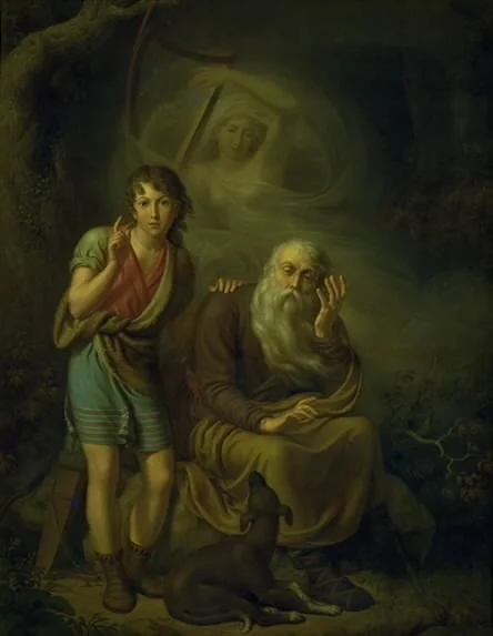 Ossian and Alpin's Son Hearing the Spirit of Malvina Touching the Harp. Illustrating Ossian's Swansong, detail
