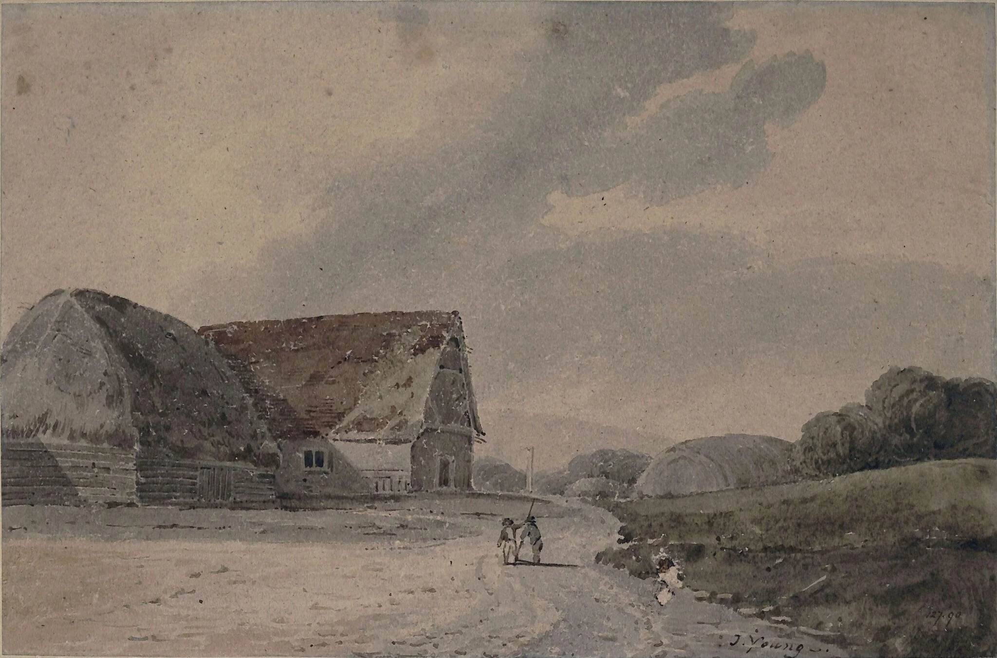 Landscape with farm buildings and figures, detail