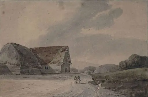 Landscape with farm buildings and figures, by Tobias Young, watercolor, 1812