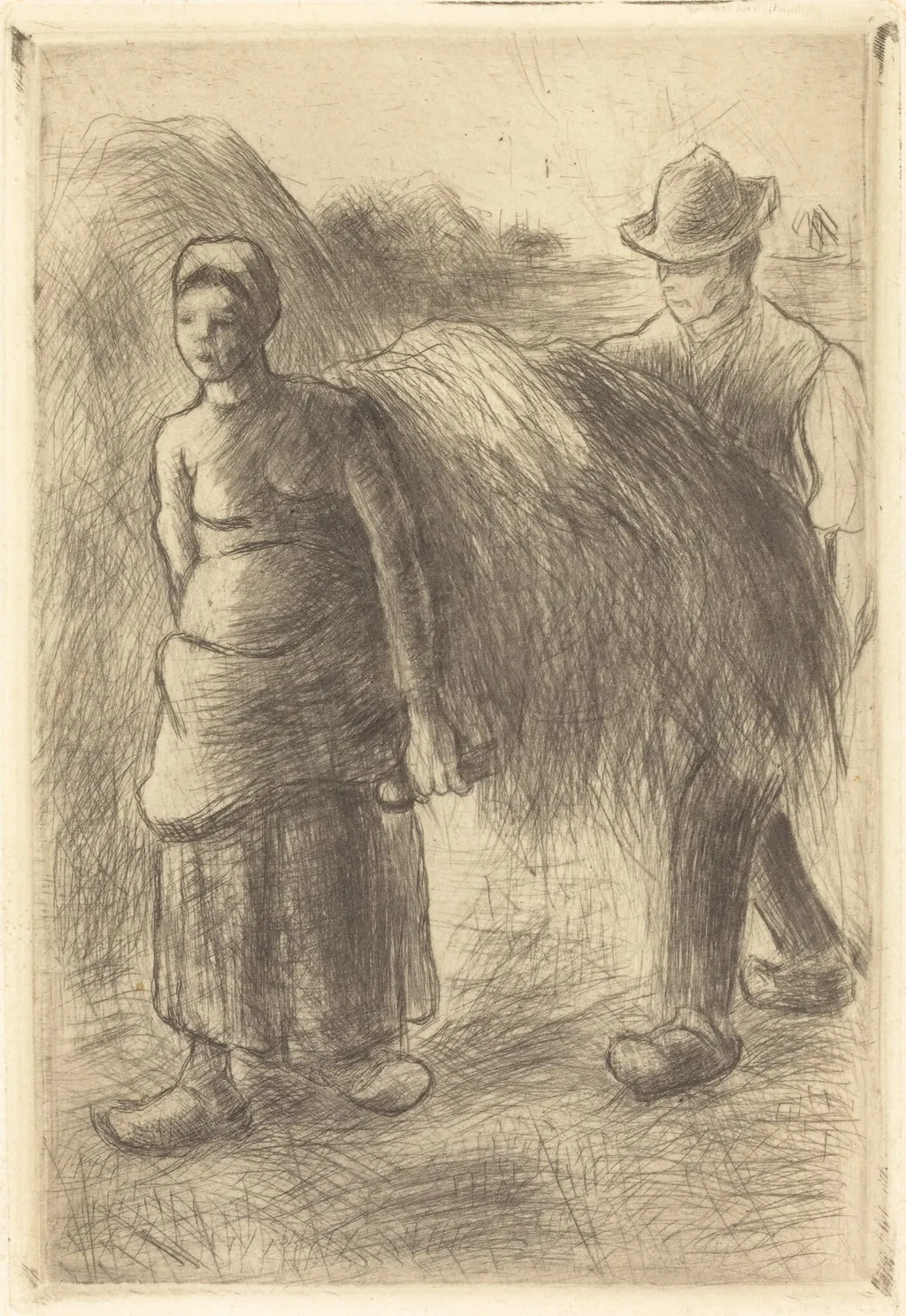 Peasants Carrying Hay (Paysans portant du foin), by Camille Pissarro, ink, 1900